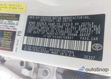 2016 Toyota Camry Se z USA, uszkodzony, nr VIN 4T1BF1FK4GU146891